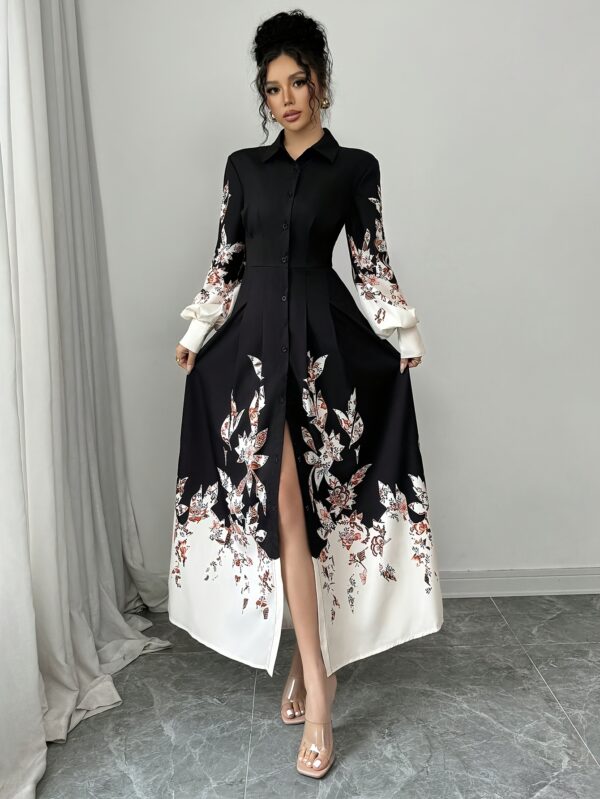 Women's Elegant Contrast Collar Floral Print Shirt-Style Dress - Long Sleeve Spring Summer Machine Washable Black & White with Color Accents for Casual to Formal Occasions, Dress Blouses Elegant, Formal Attire, Sophisticated Fashion, Smooth Fabric