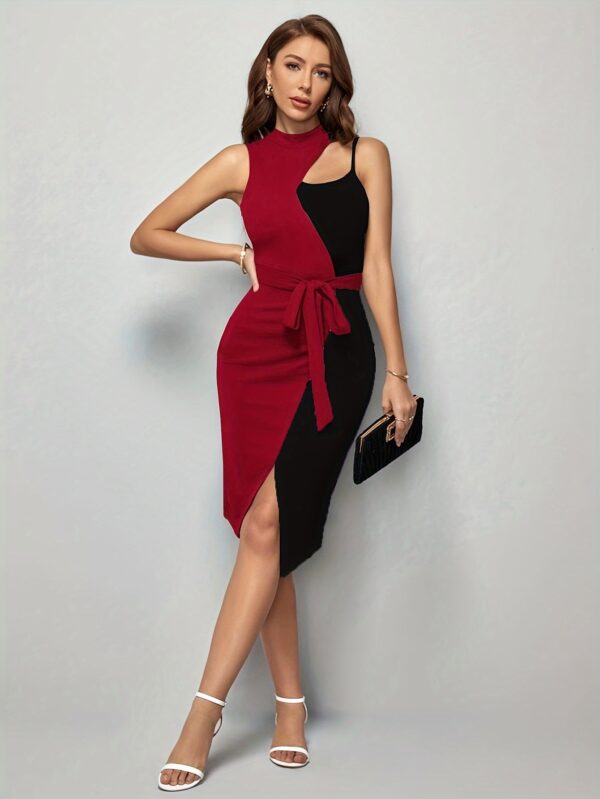 Clasi Women's Elegant Asymmetrical Hem Two-Tone Red & Black Bodycon Dress with Adjustable Waist Tie, Stand-Up Collar & Pockets - Machine Washable Spring Summer Fall Dress, Occasion Wear, Fitted Silhouette, Medium Elasticity - Image 14