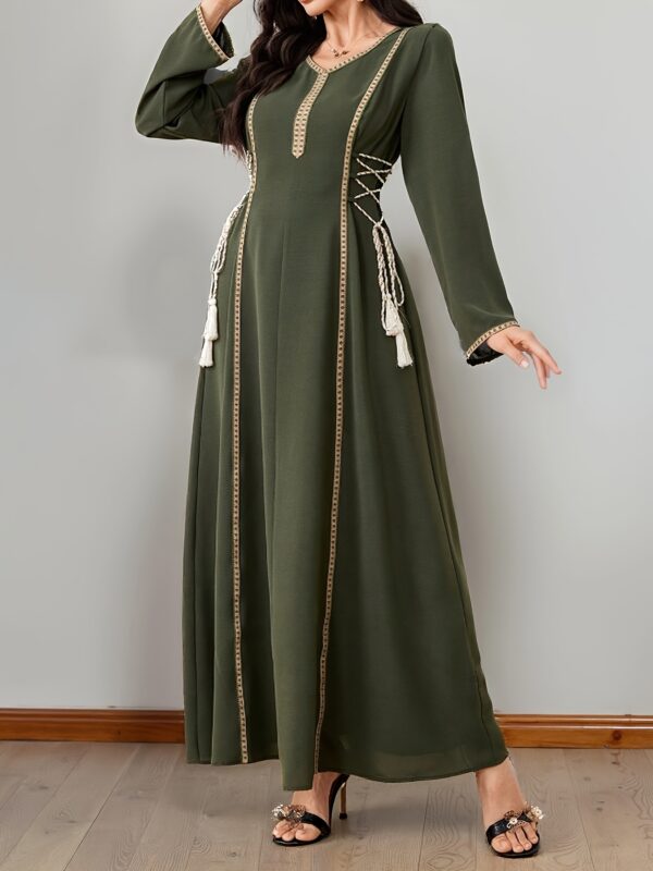 2025 New Arrival Women'S Elegant Long Sleeve Maxi Dress with Tassel Detail - Solid Green V-Neck, Flowy A-Line Silhouette, Perfect for Spring/Summer/Fall, Casual to Formal Wear, Casual Elegant Wear | Vneck Dress | Flowy Silhouette, Long Sleeve Dress