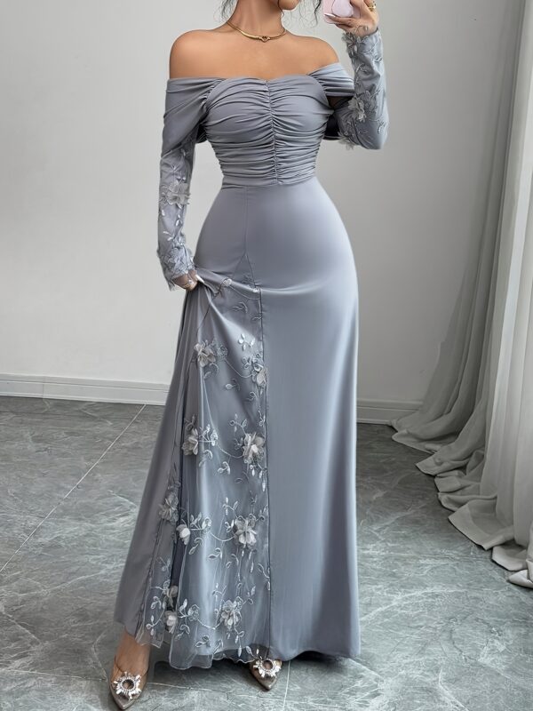 Off-Shoulder Mesh Pleated Slim-Fit Long Sleeve Dress Elegant Party Wear - Image 9