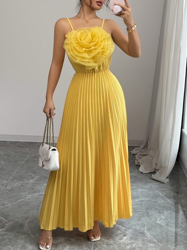 Elegant Yellow Floral A-Line Maxi Dress for Women - Sleeveless, Ruched Waist, Flowy Summer Dress with 3D Rose Detail, Perfect for Parties and Vacations, Vacation Dress | Floral Print Dress | Ruched Waist Dress