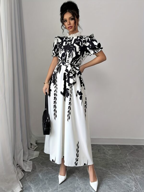 Women's Elegant Summer Floral Print A-Line Shirt Dress with Adjustable Belted Waist, Ruffled Short Sleeves & Stand-Up Collar - Machine Washable Black & White Floral Print Dress for Casual to Formal Occasions, Cute Summer Dresses - Image 5