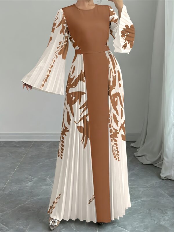 Elegant Women'S Floral Print Maxi Dress with Contrast Sleeves - Long Sleeve, Flared Hem, Cinched Waist, Beige & Brown Design, Perfect for Spring/Summer/Fall, Floral Print Dress - Image 5