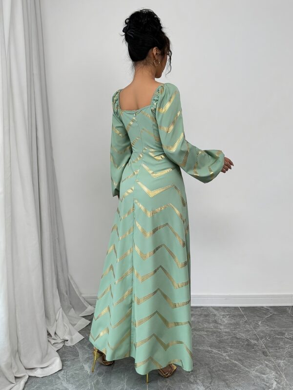 Women'S Elegant Golden & White Chevron Print Maxi Dress - Asymmetrical Neck, Ruched Bodice, Long Sleeve, Fit and Flare Silhouette for Spring/Summer - Image 3