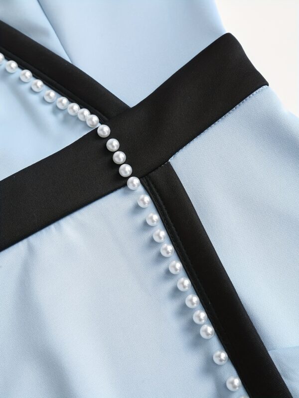 Women's Elegant Business Attire Pearl-Embellished Cross Neck Sleeve Midi Dress - Light Blue & Black Color Block, Side Slit, Machine Washable, Tailored Fit for Office, Commute & Formal Events, Business Casual Dress, Professional Attire, Sleek Fabric, Structured Design - Image 9