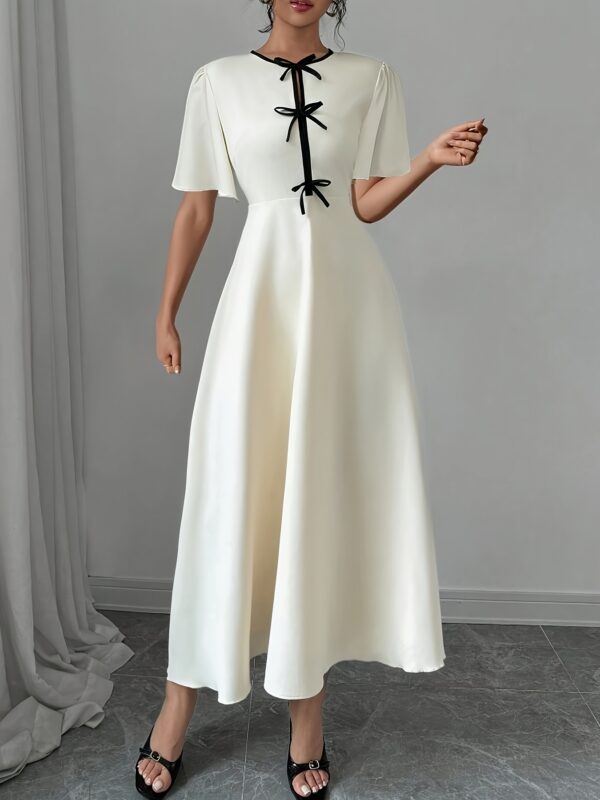 Women's Elegant Color Block Bow Detail Waist-Cinched Dress - Fitted Round Neck Short Sleeve Long Dress, Solid Color Machine Washable Spring/Autumn Versatile Casual to Formal Wear, Autumn Attire, Smooth Fabric - Image 5