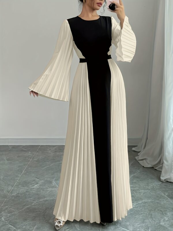Women's Elegant Color Block Pleated Flared Sleeve Maxi Dress - High Neck Fitted Long Dress with Black & White Contrast, Machine Washable Spring/Summer Formal & Casual Outfit, Long Sleeve Dresses, Spring Fashion, Flowing Material, Office Wear