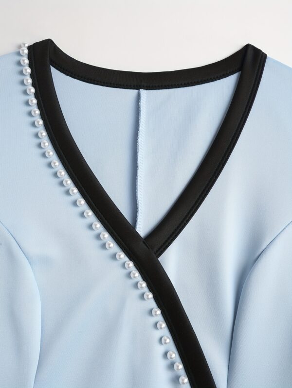 Women's Elegant Business Attire Pearl-Embellished Cross Neck Sleeve Midi Dress - Light Blue & Black Color Block, Side Slit, Machine Washable, Tailored Fit for Office, Commute & Formal Events, Business Casual Dress, Professional Attire, Sleek Fabric, Structured Design - Image 16