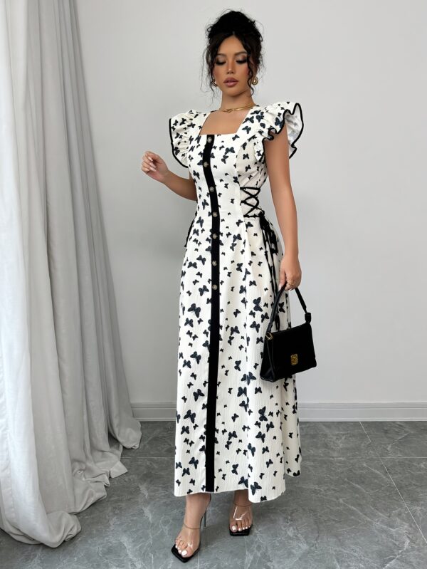 Women'S Elegant Butterfly Print A-Line Dress with Square Neck, Elastic Waist, and Pretend Buttons - Perfect for Spring/Summer Vacations, Vacation Dress | Floral Print Dress | Elegant Dress - Image 4