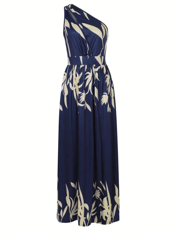 Elegant Women's Floral Print One-Shoulder Hollowed-Out Strapless Dress - Navy Blue with Golden Accents, High Slit & Broad Hem, Machine Washable Spring/Summer Vacation Dress, Ditsy Floral Print Dress, Summer Fashion, No Stretch Fabric - Image 7