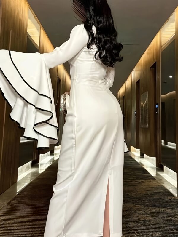 Women's Elegant White Bodycon Dress with Long Flared Sleeves & Ruffle Hem - Slim Fit Midi Dress, Lace Trim & Puff Shoulder Details, Machine Washable for Office, Date, Night Out - Spring Summer Fall, Tight Fitted Dress, Formal Occasion, Sophisticated Design, Evening Wear Lovers - Image 4