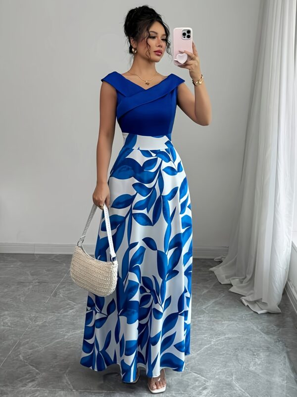 Women'S Casual Vacation Style Blue Printed Patchwork V-Neck Mid-Length Flared Dress