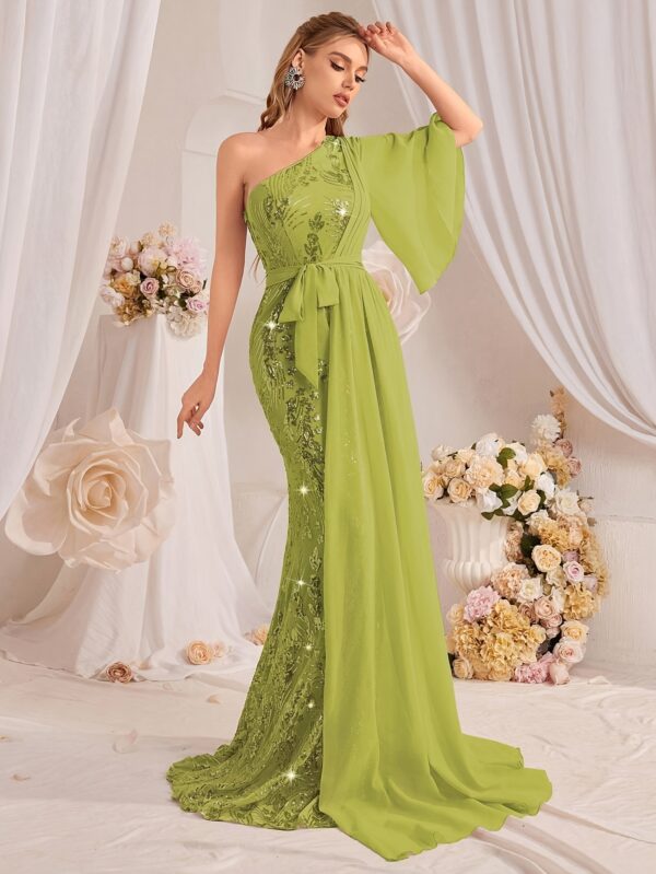 TOLEEN Elegant One-Shoulder Floral Sequin Gown with Ruffle Sleeves and Mermaid Hem, Green Polyester Dress for Women - Perfect for Weddings, Parties, and Formal Events, Wedding Dresses for Brid - Image 4
