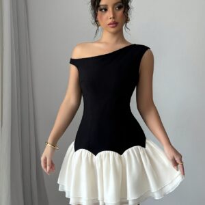 Chic Black Off-Shoulder Asymmetrical Mini Dress for Women - Sleeveless Ruffled Hem, Sweet & Elegant Style for Casual Attire, Parties, and Gatherings, Cute Dresses