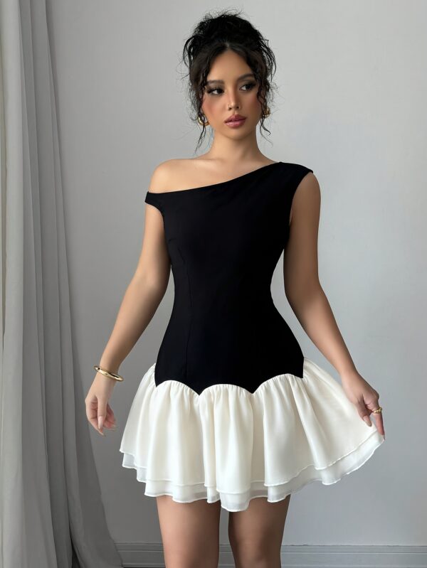 Chic Black Off-Shoulder Asymmetrical Mini Dress for Women - Sleeveless Ruffled Hem, Sweet & Elegant Style for Casual Attire, Parties, and Gatherings, Cute Dresses