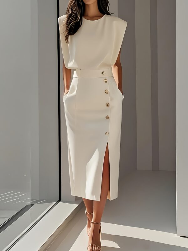 Elegant Beige Midi Dress with Button Details and High-Slit Hem - Sleeveless, Round Neck, Cinched Waist, Flowing Design for Women, Perfect for Spring/Summer/Fall, Versatile Fashion | Round Neck Dress | Button Detailing, Cute Dresses - Image 3