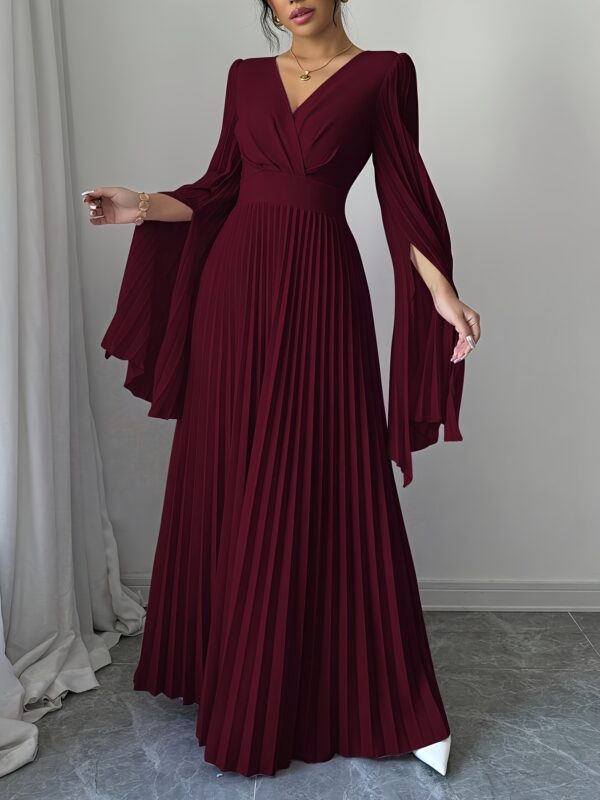 Elegant Long Sleeve Pleated Maxi Dress for Women - V-Neck, High-Low Hem, Ruched Bodice, Lightweight Polyester, Perfect for Spring/Summer, Elegant Event Wear | Vneck Dress | Ruched Detailing - Image 15