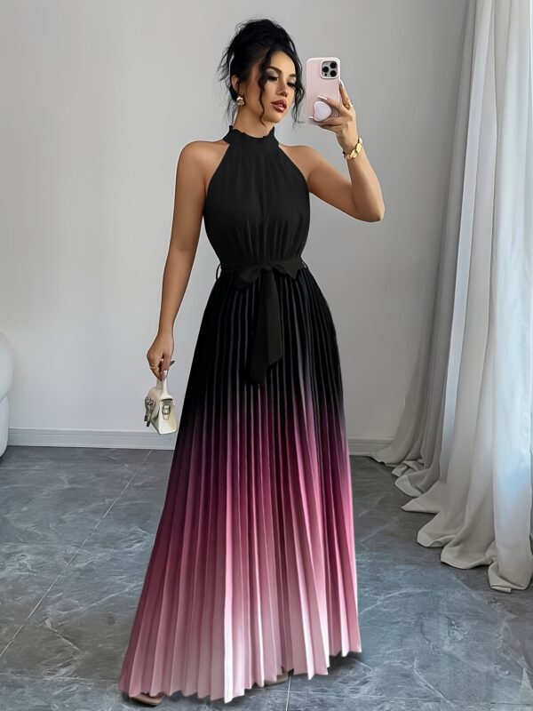 Elegant Gradient A-Line Midi Dress with Ruffle Detail, Tie Waist & Pleated Design - Sleeveless Round Neck for Women - Spring/Summer Collection, Cute Dress
