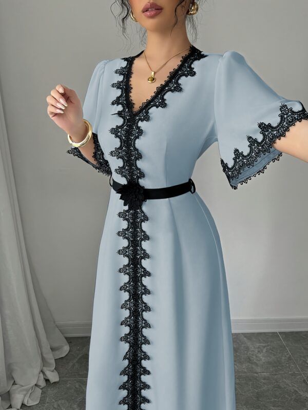 European And American Women'S Spring And Summer Short-Sleeve Lace V-Neck Long Solid Color Elegant Dress with a Stylish Waist Belt And Flared Design.