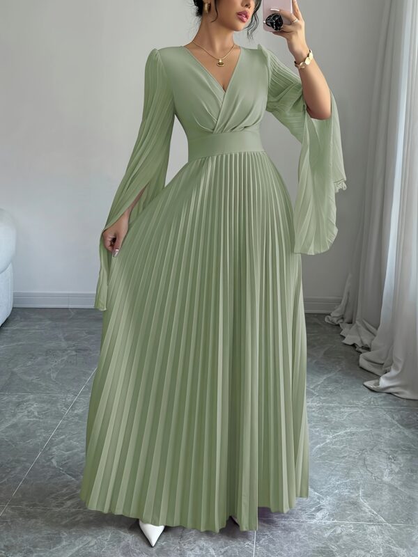 Elegant Long Sleeve Pleated Maxi Dress for Women - V-Neck, High-Low Hem, Ruched Bodice, Lightweight Polyester, Perfect for Spring/Summer, Elegant Event Wear | Vneck Dress | Ruched Detailing - Image 4
