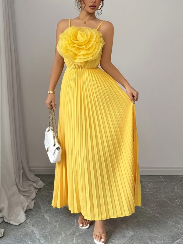 Elegant Yellow Floral A-Line Maxi Dress for Women - Sleeveless, Ruched Waist, Flowy Summer Dress with 3D Rose Detail, Perfect for Parties and Vacations, Vacation Dress | Floral Print Dress | Ruched Waist Dress - Image 12