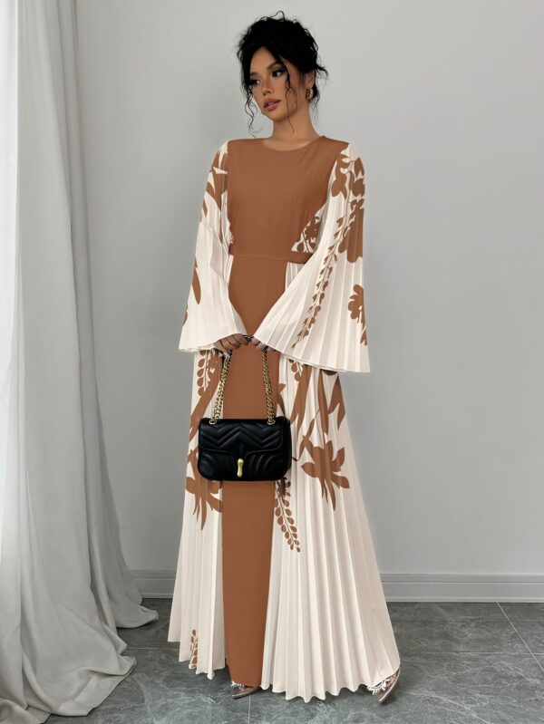 Elegant Women'S Floral Print Maxi Dress with Contrast Sleeves - Long Sleeve, Flared Hem, Cinched Waist, Beige & Brown Design, Perfect for Spring/Summer/Fall, Floral Print Dress - Image 4