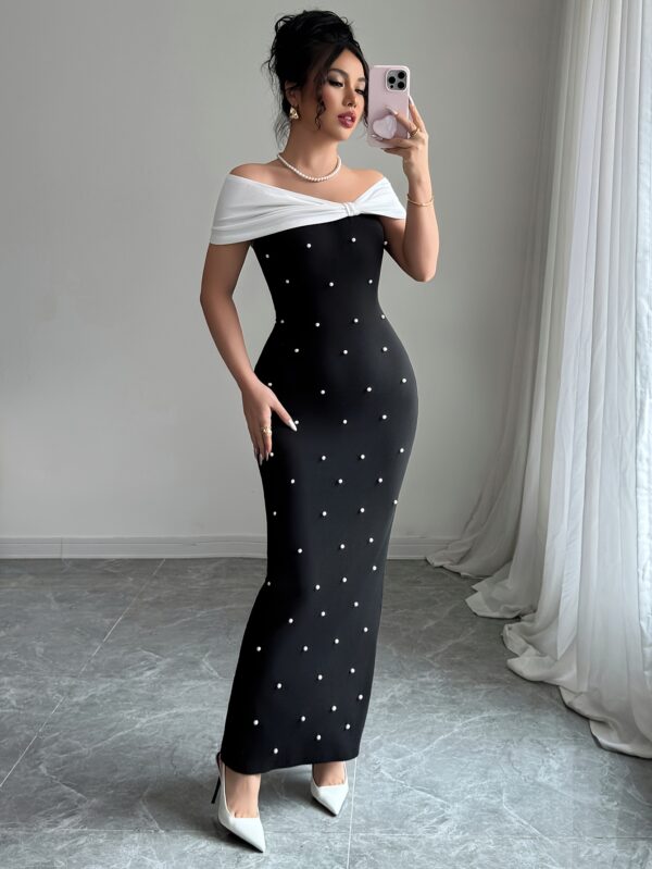 A Black Off-Shoulder Dress Adorned with Elegant Beading, Designed for Banquets And Dates, Showcasing a Slim Waist And a Goddess-Like Charm. - Image 5