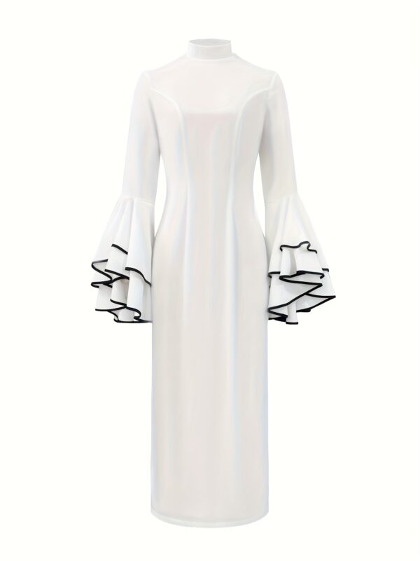 Women's Elegant White Bodycon Dress with Long Flared Sleeves & Ruffle Hem - Slim Fit Midi Dress, Lace Trim & Puff Shoulder Details, Machine Washable for Office, Date, Night Out - Spring Summer Fall, Tight Fitted Dress, Formal Occasion, Sophisticated Design, Evening Wear Lovers - Image 9