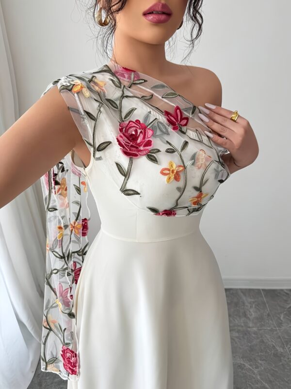 Elegant One-Shoulder Floral Embroidered Mesh Dress for Women - Lightweight Polyester, Zipper Closure, Perfect for Spring/Summer, Adult Formal Wear, Formal Spring Attire|Floral Embroidery|Zippered Dress - Image 4