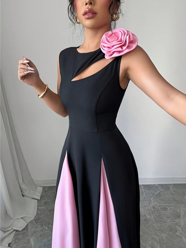Women's Sleeveless A-Line Dress with Color Block Design, Chest Cut-Out & 3D Floral Shoulder Accents - Black to Red Ombre, Round Neck, Medium Stretch for Spring/Summer Casual to Formal Events, Chic Dress, Sophisticated Craftsmanship - Image 7