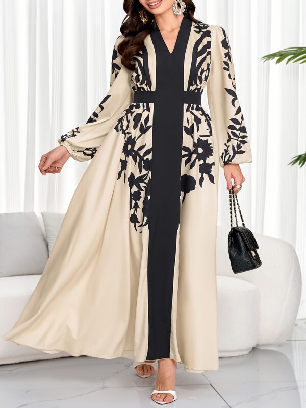 Plus-Size Women'S Elegant Dress in Light Beige with Black Floral Patterns And Flared Sleeves, Featuring Contrasting Trim, Perfect for Spring And Summer. - Image 6