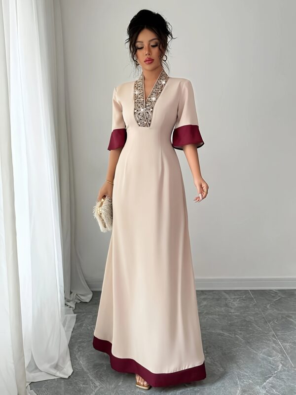 Elegant Beige & Red V-Neck A-Line Midi Dress with Ruched Waist and Color Block Panels, Perfect for Spring/Summer - Polyester, Sleeveless, Loose Fit, Casual Elegance|Ruched Waist Dress|Polyester Dres - Image 5