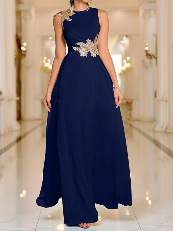 Elegant Sleeveless A-Line Maxi Dress with Golden Leaf Embellishment and High-Low Hem, Black Polyester Blend for Women’s Formal Events, Dresses Elegant Formal - Image 9