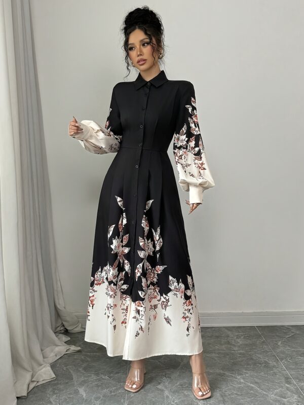 Women's Elegant Contrast Collar Floral Print Shirt-Style Dress - Long Sleeve Spring Summer Machine Washable Black & White with Color Accents for Casual to Formal Occasions, Dress Blouses Elegant, Formal Attire, Sophisticated Fashion, Smooth Fabric - Image 3