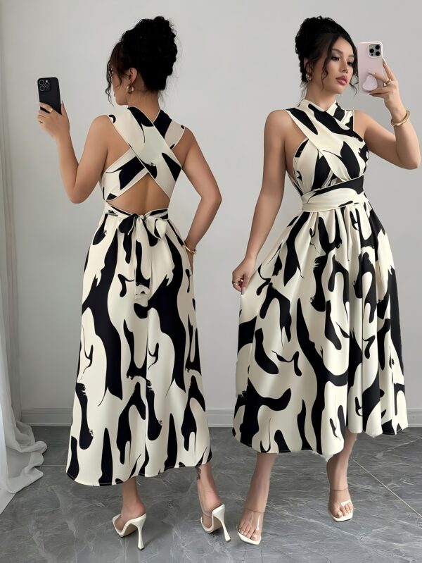 Women's Cross Tie Hollow Bow & Floral Print A-Line Dress - Long Sleeveless Halter Neck, Machine Washable, All-Season Elegant Resort Wear, Halter Neck Dress, Vacation Outfit, Fitted Silhouette