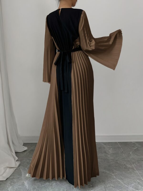 Women's Elegant Color-Block Pleated Flared Sleeve Maxi Dress with Adjustable Waist Belt - A-Line Long Dress for Spring Summer Fall, Machine Washable, Formal Occasion, Sophisticated Style, Structured Fit, Office Attire, Nonstretch Fabric, Professional Women - Image 3