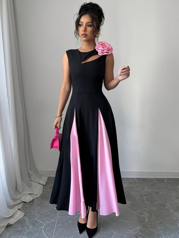 Women's Sleeveless A-Line Dress with Color Block Design, Chest Cut-Out & 3D Floral Shoulder Accents - Black to Red Ombre, Round Neck, Medium Stretch for Spring/Summer Casual to Formal Events, Chic Dress, Sophisticated Craftsmanship - Image 5