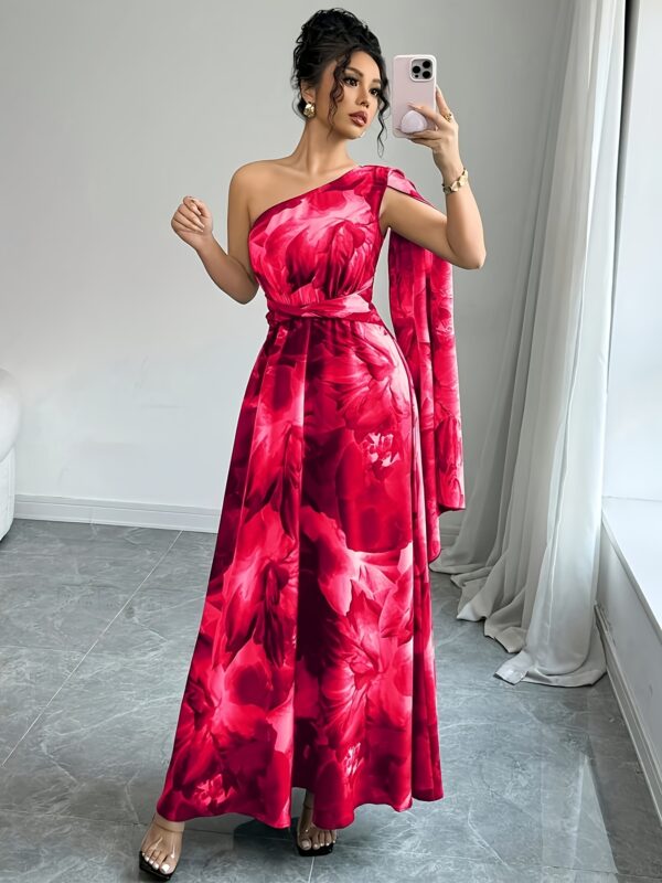 Women'S Elegant Off-Shoulder Floral Print Dress with Side Slit & Twist Detail - Fitted Silhouette, Long Sleeves, Vibrant Red & Pink Floral Print, Perfect for Spring/Summer Holiday Style, Floral Print Dress - Image 10