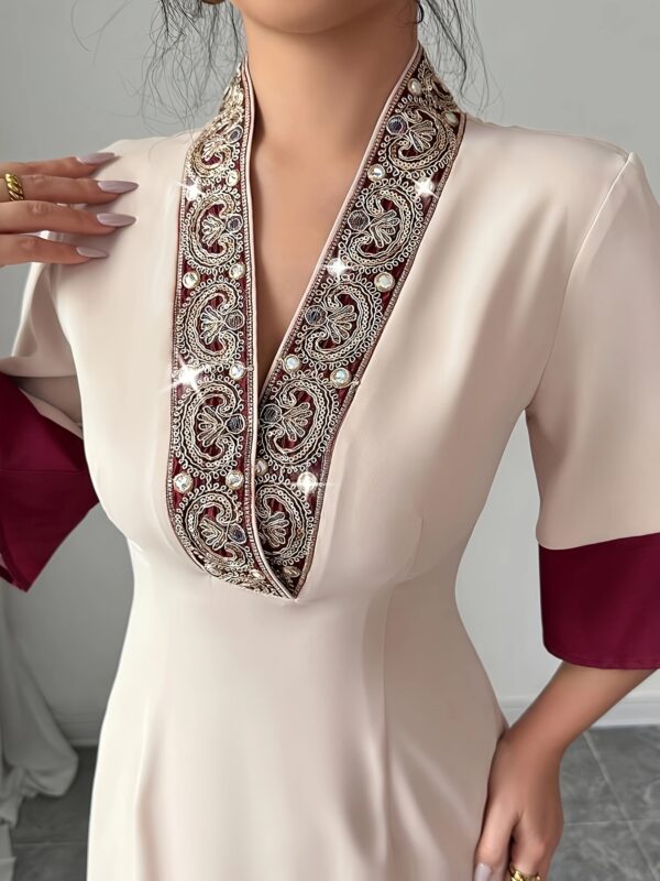 Elegant Beige & Red V-Neck A-Line Midi Dress with Ruched Waist and Color Block Panels, Perfect for Spring/Summer - Polyester, Sleeveless, Loose Fit, Casual Elegance|Ruched Waist Dress|Polyester Dres - Image 3