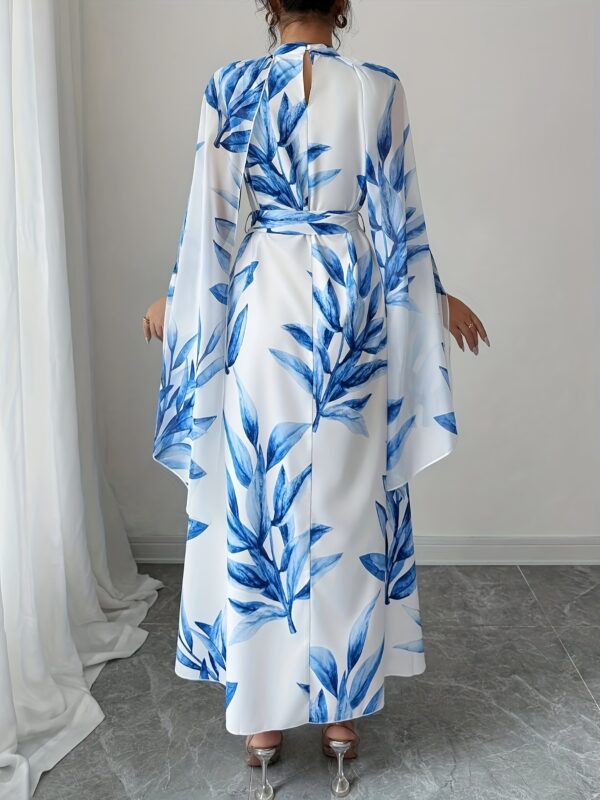 Elegant Floral Print A-Line Midi Dress with Belt - Loose Fit, Long Sleeve, Stand Collar, Spring/Summer Collection for Formal & Casual Occasions, Cute Dress - Image 2