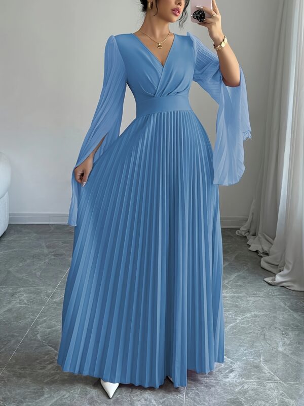 Elegant Long Sleeve Pleated Maxi Dress for Women - V-Neck, High-Low Hem, Ruched Bodice, Lightweight Polyester, Perfect for Spring/Summer, Elegant Event Wear | Vneck Dress | Ruched Detailing - Image 5