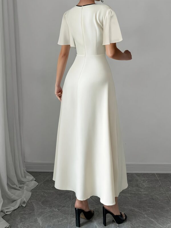 Women's Elegant Color Block Bow Detail Waist-Cinched Dress - Fitted Round Neck Short Sleeve Long Dress, Solid Color Machine Washable Spring/Autumn Versatile Casual to Formal Wear, Autumn Attire, Smooth Fabric - Image 2