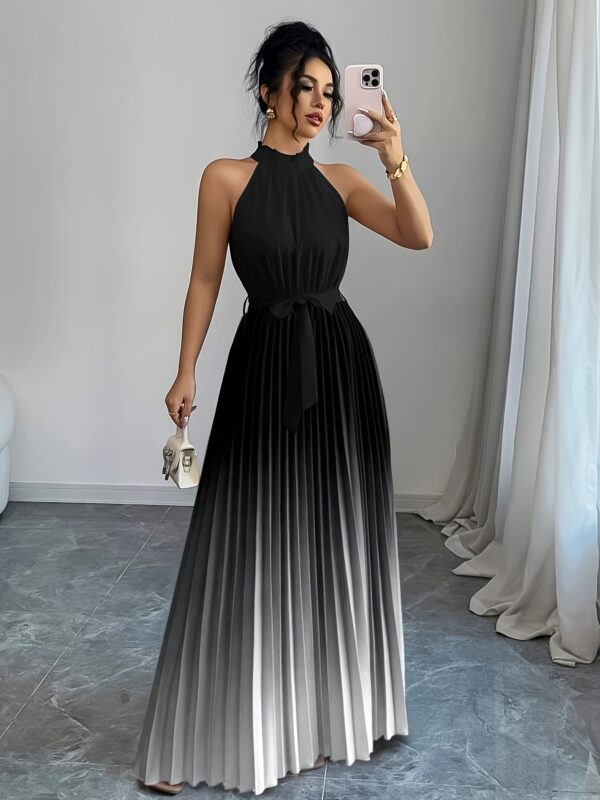 Elegant Gradient A-Line Midi Dress with Ruffle Detail, Tie Waist & Pleated Design - Sleeveless Round Neck for Women - Spring/Summer Collection, Cute Dress - Image 3