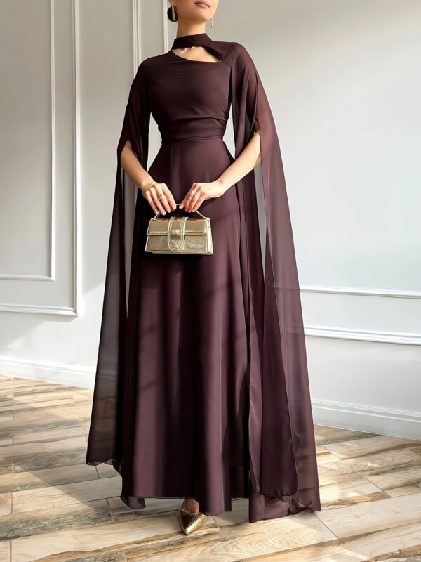 1pc Elegant Evening Long Dress with Cape Sleeves & Lace-Up Back - A-Line Stand Collar Solid Color Wedding Guest Gown, Machine Washable Spring/Summer Formal Dress for Women, Dresses for Wedding, Sophisticated Tailoring