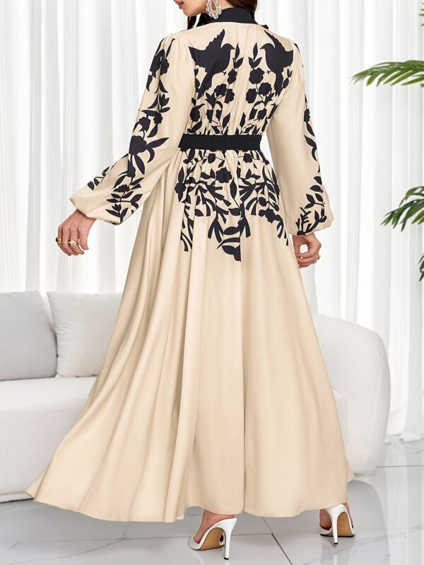 Plus-Size Women'S Elegant Dress in Light Beige with Black Floral Patterns And Flared Sleeves, Featuring Contrasting Trim, Perfect for Spring And Summer. - Image 3