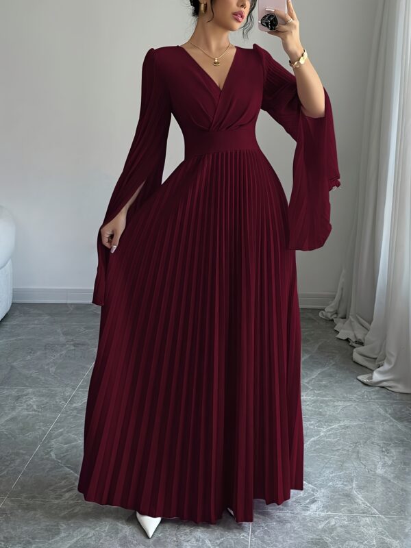 Elegant Long Sleeve Pleated Maxi Dress for Women - V-Neck, High-Low Hem, Ruched Bodice, Lightweight Polyester, Perfect for Spring/Summer, Elegant Event Wear | Vneck Dress | Ruched Detailing - Image 3