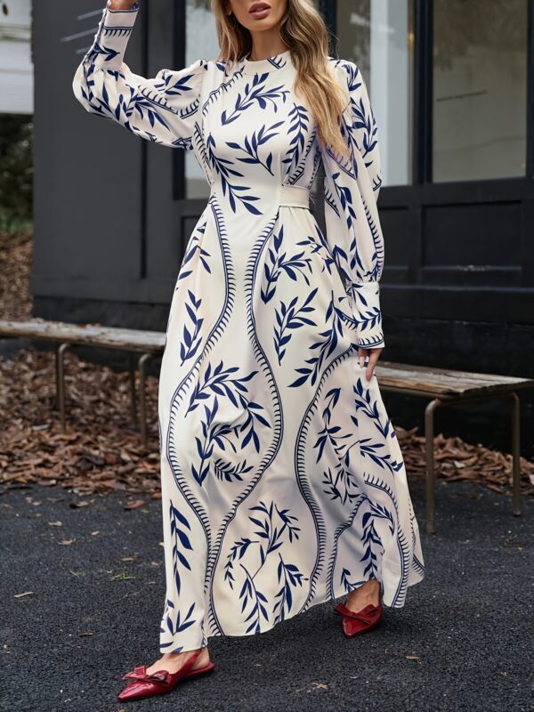 Elegant Floral Print Tie-Waist Midi Dress for Women - Crew Neck, Long Sleeve, Lightweight Summer Dress with Vibrant Blue Leaf Design, Floral Print Dress - Image 2