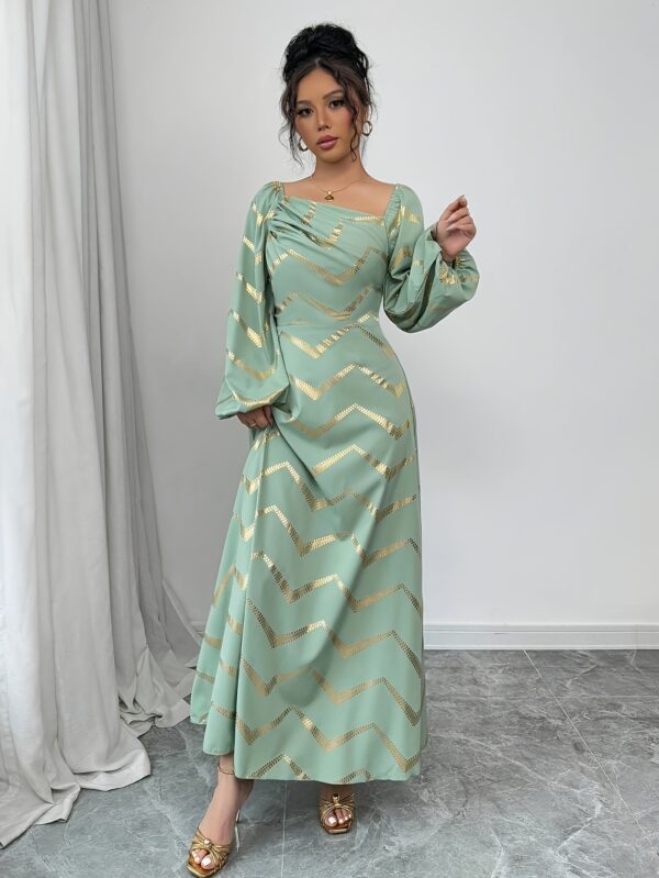 Women'S Elegant Golden & White Chevron Print Maxi Dress - Asymmetrical Neck, Ruched Bodice, Long Sleeve, Fit and Flare Silhouette for Spring/Summer - Image 4