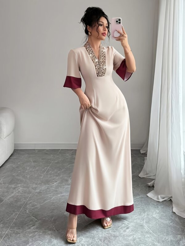 Elegant Beige & Red V-Neck A-Line Midi Dress with Ruched Waist and Color Block Panels, Perfect for Spring/Summer - Polyester, Sleeveless, Loose Fit, Casual Elegance|Ruched Waist Dress|Polyester Dres - Image 4
