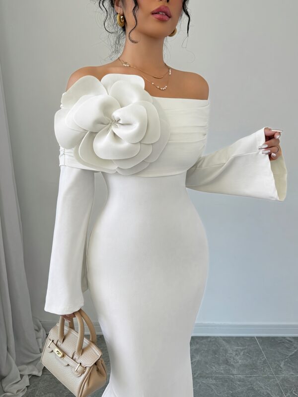 Elegant White Off-Shoulder Long Dress with Floral Applique, Bodycon Fit for Women - Chic Spring/Summer Fashion, Elegant Dress|Sophisticated Style|Floral Detailing, Long Sleeve Dress - Image 4